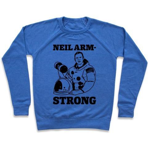 Virgin Teez  Pullover Crewneck Sweatshirt / x-small / Heathered Blue NEIL ARM-STRONG LIFTING CREWNECK SWEATSHIRT