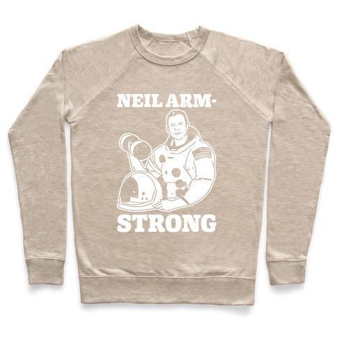 Virgin Teez  Pullover Crewneck Sweatshirt / x-small / Heathered Oatmeal NEIL ARM-STRONG LIFTING CREWNECK SWEATSHIRT