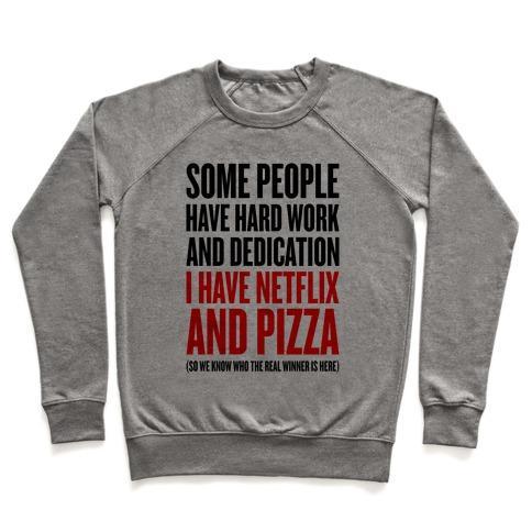 Virgin Teez  Pullover Crewneck Sweatshirt / x-small / Heathered Gray NETFLIX AND PIZZA CREWNECK SWEATSHIRT