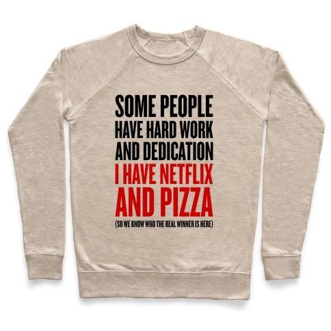 Virgin Teez  Pullover Crewneck Sweatshirt / x-small / Heathered Oatmeal NETFLIX AND PIZZA CREWNECK SWEATSHIRT