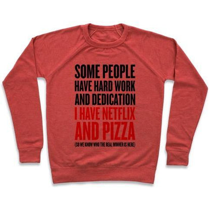 Virgin Teez  Pullover Crewneck Sweatshirt / x-small / Heathered Red NETFLIX AND PIZZA CREWNECK SWEATSHIRT