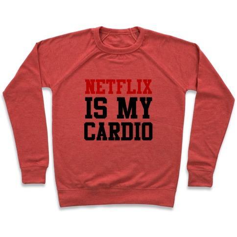 Virgin Teez  Pullover Crewneck Sweatshirt / x-small / Heathered Red NETFLIX IS MY CARDIO CREWNECK SWEATSHIRT