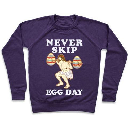 Virgin Teez  Pullover Crewneck Sweatshirt / x-small / Purple NEVER SKIP EGG DAY JESUS CREWNECK SWEATSHIRT