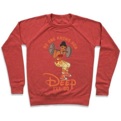 Virgin Teez  Pullover Crewneck Sweatshirt / x-small / Heathered Red NO ONE KNOWS HOW DEEP I'LL GO MOANA PARODY CREWNECK SWEATSHIRT