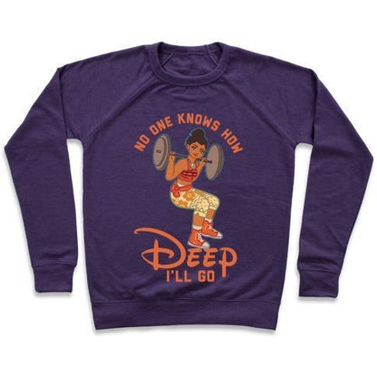 Virgin Teez  Pullover Crewneck Sweatshirt / x-small / Purple NO ONE KNOWS HOW DEEP I'LL GO MOANA PARODY CREWNECK SWEATSHIRT