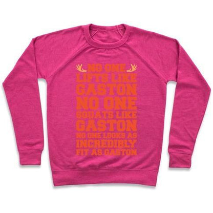 Virgin Teez  Pullover Crewneck Sweatshirt / x-small / Deep Pink NO ONE LIFTS LIKE GASTON PARODY WHITE PRINT CREWNECK SWEATSHIRT