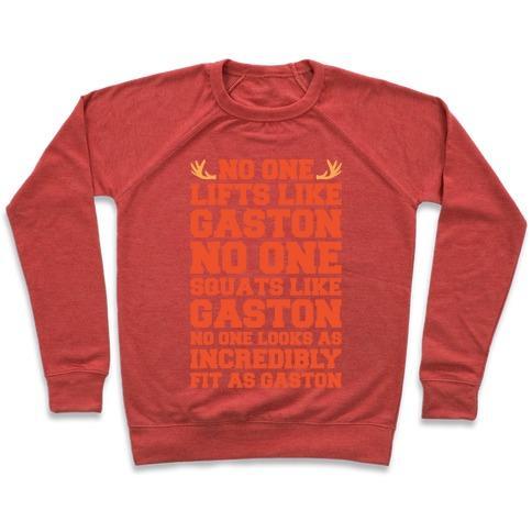 Virgin Teez  Pullover Crewneck Sweatshirt / x-small / Heathered Red NO ONE LIFTS LIKE GASTON PARODY WHITE PRINT CREWNECK SWEATSHIRT