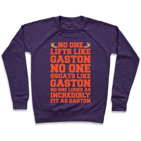 Virgin Teez  Pullover Crewneck Sweatshirt / x-small / Purple NO ONE LIFTS LIKE GASTON PARODY WHITE PRINT CREWNECK SWEATSHIRT