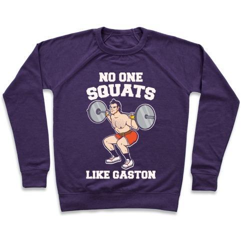 Virgin Teez  Pullover Crewneck Sweatshirt / x-small / Purple NO ONE SQUATS LIKE GASTON PARODY WHITE PRINT CREWNECK SWEATSHIRT