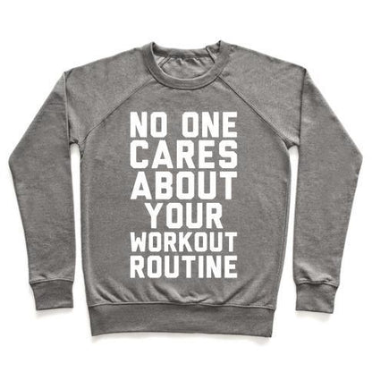 Virgin Teez  Pullover Crewneck Sweatshirt / x-small / Heathered Gray NOBODY CARES ABOUT YOUR WORKOUT ROUTINE CREWNECK SWEATSHIRT