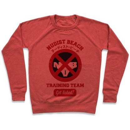 Virgin Teez  Pullover Crewneck Sweatshirt / x-small / Heathered Red NUDIST BEACH TRAINING TEAM CREWNECK SWEATSHIRT