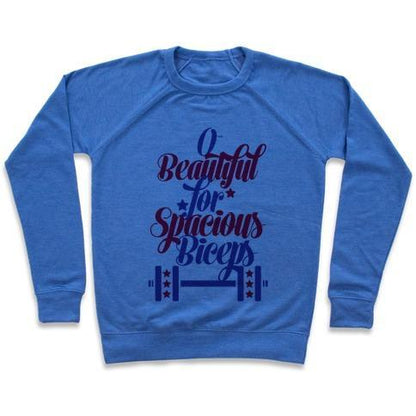 Virgin Teez  Pullover Crewneck Sweatshirt / x-small / Heathered Blue O BEAUTIFUL, FOR SPACIOUS BICEPS CREWNECK SWEATSHIRT