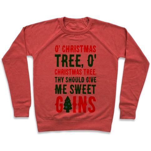 Virgin Teez  Pullover Crewneck Sweatshirt / x-small / Heathered Red O' CHRISTMAS TREE THY SHOULD GIVE ME SWEET GAINS CREWNECK SWEATSHIRT