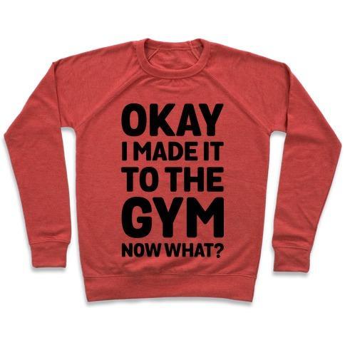 Virgin Teez  Pullover Crewneck Sweatshirt / x-small / Heathered Red OKAY I MADE IT TO THE GYM NOW WHAT CREWNECK SWEATSHIRT