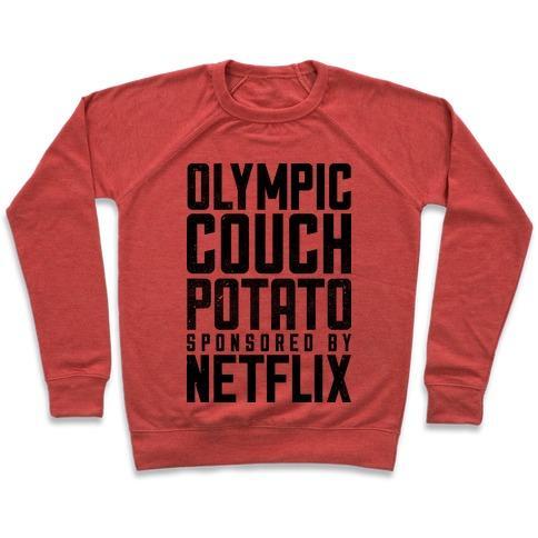 Virgin Teez  Pullover Crewneck Sweatshirt / x-small / Heathered Red OLYMPIC COUCH POTATO CREWNECK SWEATSHIRT