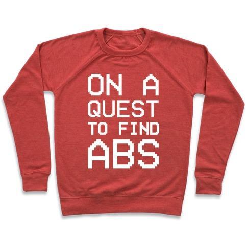 Virgin Teez  Pullover Crewneck Sweatshirt / x-small / Heathered Red ON A QUEST TO FIND ABS WHITE PRINT CREWNECK SWEATSHIRT