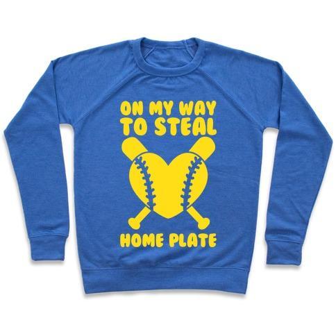 Virgin Teez  Pullover Crewneck Sweatshirt / x-small / Heathered Blue ON MY WAY TO STEAL HOME PLATE CREWNECK SWEATSHIRT