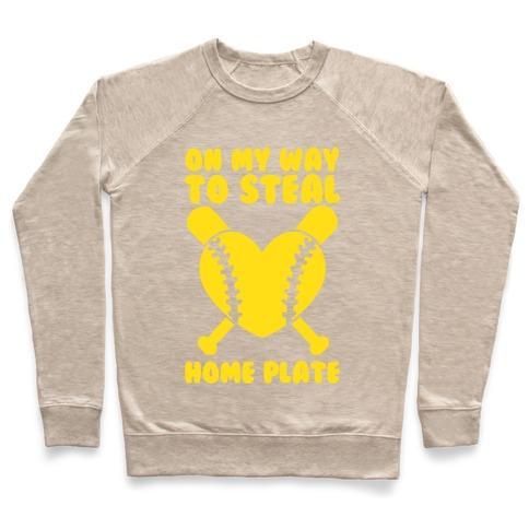 Virgin Teez  Pullover Crewneck Sweatshirt / x-small / Heathered Oatmeal ON MY WAY TO STEAL HOME PLATE CREWNECK SWEATSHIRT