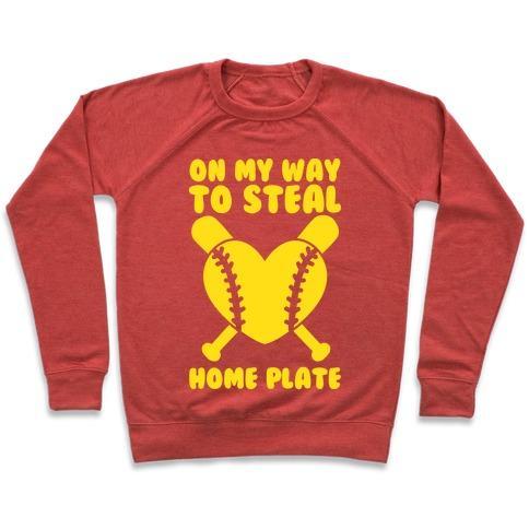 Virgin Teez  Pullover Crewneck Sweatshirt / x-small / Heathered Red ON MY WAY TO STEAL HOME PLATE CREWNECK SWEATSHIRT