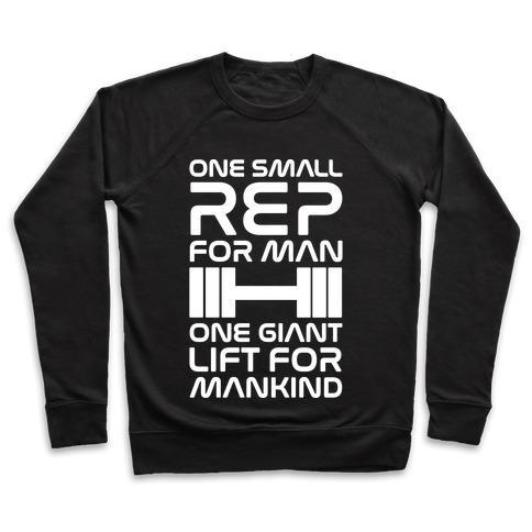 Virgin Teez  Pullover Crewneck Sweatshirt / x-small / Black ONE SMALL REP FOR MAN ONE GIANT LIFT FOR MANKIND LIFTING QUOTE PARODY WHITE PRINT CREWNECK SWEATSHIRT