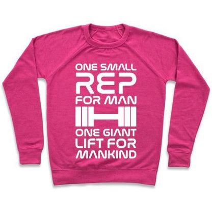 Virgin Teez  Pullover Crewneck Sweatshirt / x-small / Deep Pink ONE SMALL REP FOR MAN ONE GIANT LIFT FOR MANKIND LIFTING QUOTE PARODY WHITE PRINT CREWNECK SWEATSHIRT