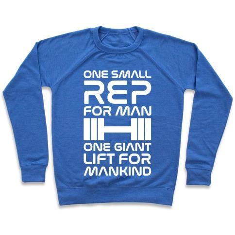 Virgin Teez  Pullover Crewneck Sweatshirt / x-small / Heathered Blue ONE SMALL REP FOR MAN ONE GIANT LIFT FOR MANKIND LIFTING QUOTE PARODY WHITE PRINT CREWNECK SWEATSHIRT