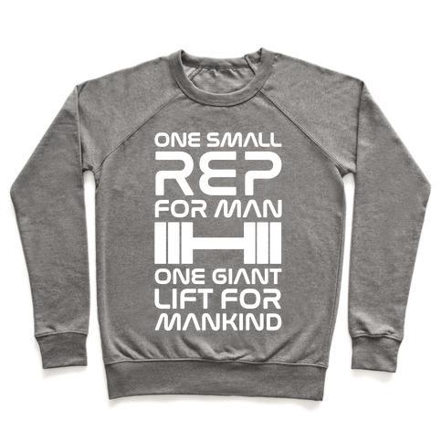 Virgin Teez  Pullover Crewneck Sweatshirt / x-small / Heathered Gray ONE SMALL REP FOR MAN ONE GIANT LIFT FOR MANKIND LIFTING QUOTE PARODY WHITE PRINT CREWNECK SWEATSHIRT