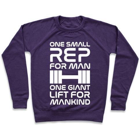 Virgin Teez  Pullover Crewneck Sweatshirt / x-small / Purple ONE SMALL REP FOR MAN ONE GIANT LIFT FOR MANKIND LIFTING QUOTE PARODY WHITE PRINT CREWNECK SWEATSHIRT