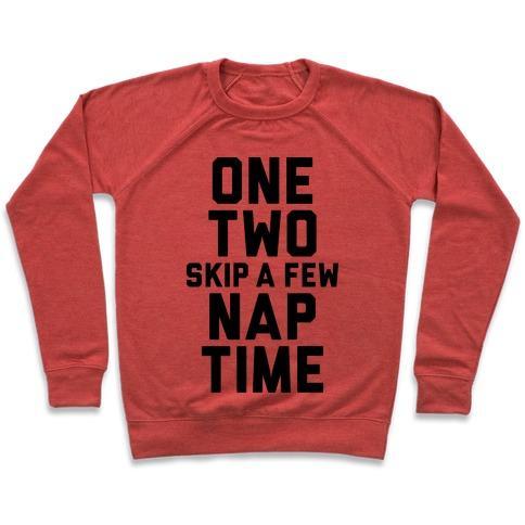 Virgin Teez  Pullover Crewneck Sweatshirt / x-small / Heathered Red ONE, TWO, SKIP A FEW, NAP TIME CREWNECK SWEATSHIRT