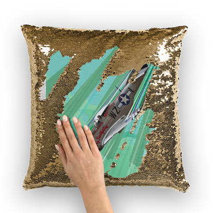 VIRGIN TEEZ Sequin Cover Gold / White P-51 Mustang Pop Art Sequin Cushion Cover