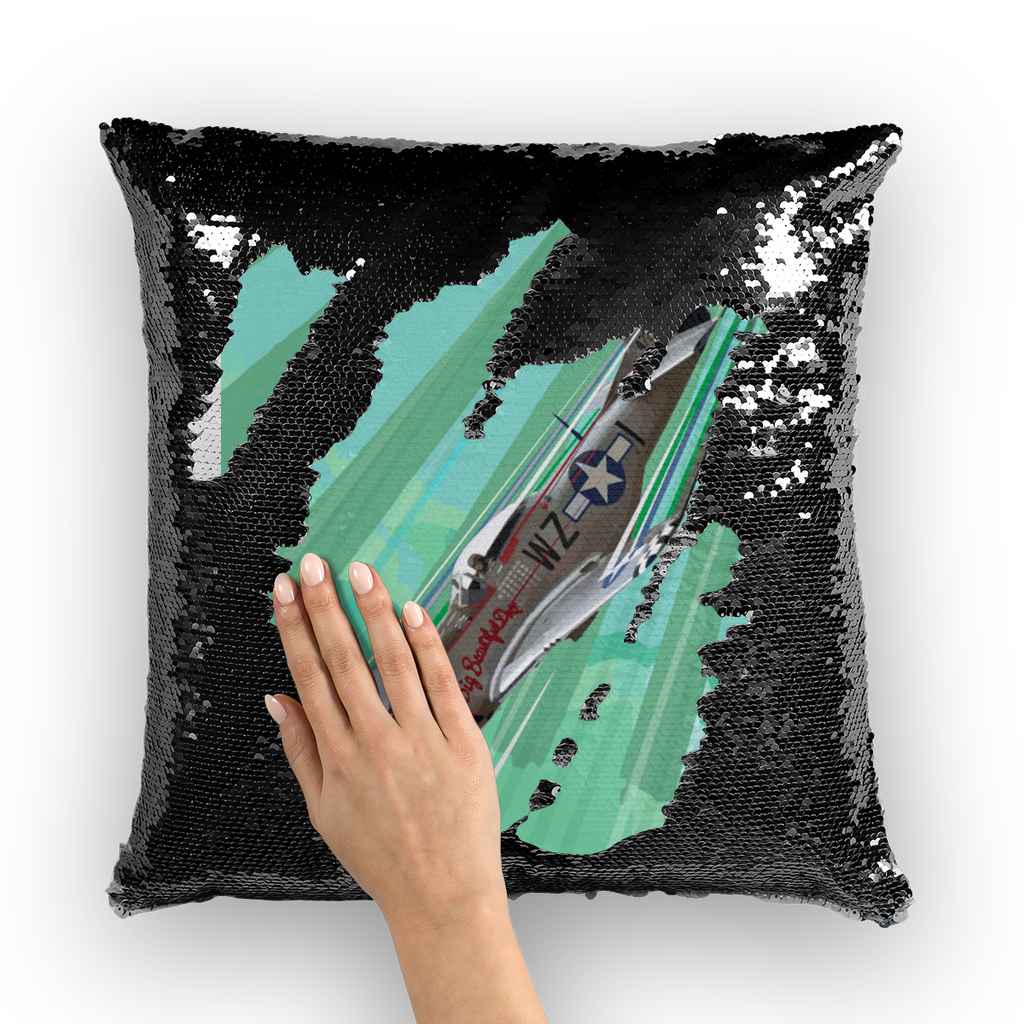 VIRGIN TEEZ Sequin Cover Black / White P-51 Mustang Pop Art Sequin Cushion Cover