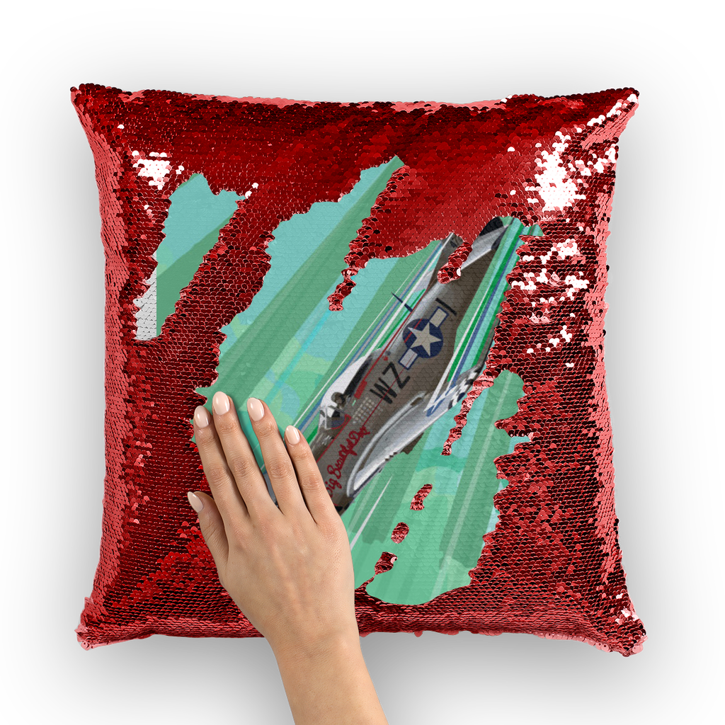 VIRGIN TEEZ Sequin Cover Red / White P-51 Mustang Pop Art Sequin Cushion Cover