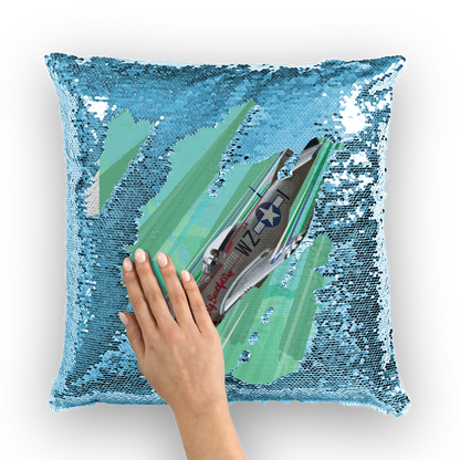 VIRGIN TEEZ Sequin Cover Light Blue / White P-51 Mustang Pop Art Sequin Cushion Cover