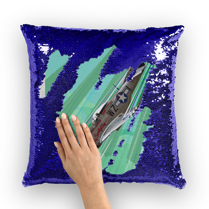 VIRGIN TEEZ Sequin Cover Navy / Silver P-51 Mustang Pop Art Sequin Cushion Cover