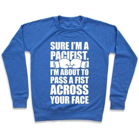 Virgin Teez  Pullover Crewneck Sweatshirt / x-small / Heathered Blue PACIFIST (WHITE INK) CREWNECK SWEATSHIRT