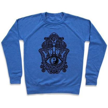 Virgin Teez  Pullover Crewneck Sweatshirt / x-small / Heathered Blue PEACEFUL HAMSA HAND CREWNECK SWEATSHIRT