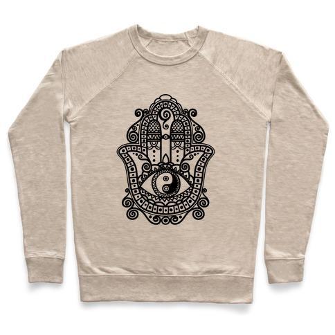 Virgin Teez  Pullover Crewneck Sweatshirt / x-small / Heathered Oatmeal PEACEFUL HAMSA HAND CREWNECK SWEATSHIRT