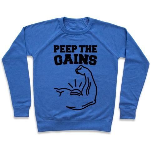 Virgin Teez  Pullover Crewneck Sweatshirt / x-small / Heathered Blue PEEP THE GAINS CREWNECK SWEATSHIRT