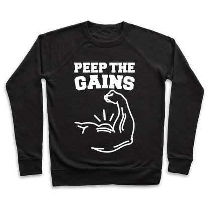 Virgin Teez  Pullover Crewneck Sweatshirt / x-small / Black PEEP THE GAINS WHITE PRINT CREWNECK SWEATSHIRT