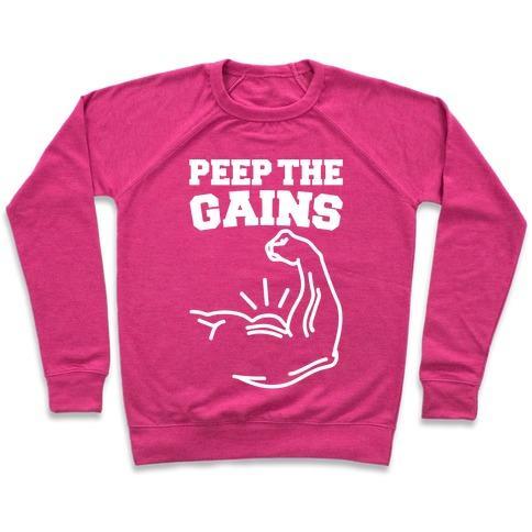 Virgin Teez  Pullover Crewneck Sweatshirt / x-small / Deep Pink PEEP THE GAINS WHITE PRINT CREWNECK SWEATSHIRT