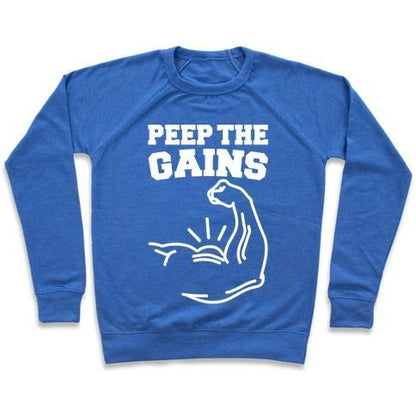 Virgin Teez  Pullover Crewneck Sweatshirt / x-small / Heathered Blue PEEP THE GAINS WHITE PRINT CREWNECK SWEATSHIRT