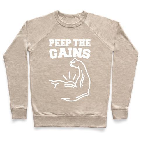 Virgin Teez  Pullover Crewneck Sweatshirt / x-small / Heathered Oatmeal PEEP THE GAINS WHITE PRINT CREWNECK SWEATSHIRT