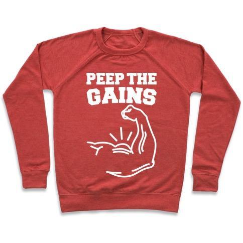 Virgin Teez  Pullover Crewneck Sweatshirt / x-small / Heathered Red PEEP THE GAINS WHITE PRINT CREWNECK SWEATSHIRT