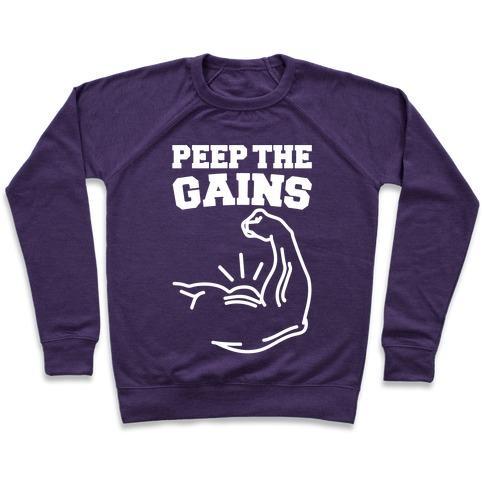 Virgin Teez  Pullover Crewneck Sweatshirt / x-small / Purple PEEP THE GAINS WHITE PRINT CREWNECK SWEATSHIRT