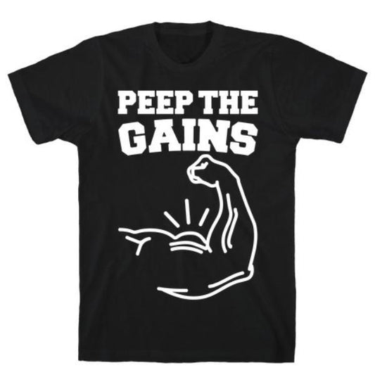 GYM FIT T-SHIRT PEEP THE GAINS WHITE PRINT T-SHIRT