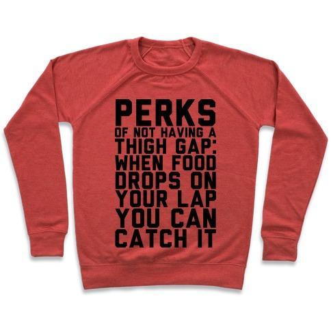 Virgin Teez  Pullover Crewneck Sweatshirt / x-small / Heathered Red PERKS OF NOT HAVING A THIGH GAP CREWNECK SWEATSHIRT