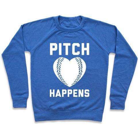 Virgin Teez  Pullover Crewneck Sweatshirt / x-small / Heathered Blue PITCH HAPPENS CREWNECK SWEATSHIRT