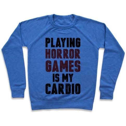 Virgin Teez  Pullover Crewneck Sweatshirt / x-small / Heathered Blue PLAYING HORROR GAMES IS MY CARDIO CREWNECK SWEATSHIRT