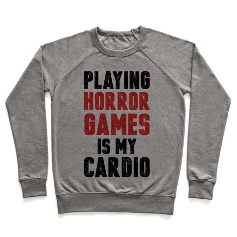 Virgin Teez  Pullover Crewneck Sweatshirt / x-small / Heathered Gray PLAYING HORROR GAMES IS MY CARDIO CREWNECK SWEATSHIRT