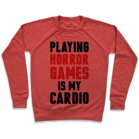 Virgin Teez  Pullover Crewneck Sweatshirt / x-small / Heathered Red PLAYING HORROR GAMES IS MY CARDIO CREWNECK SWEATSHIRT